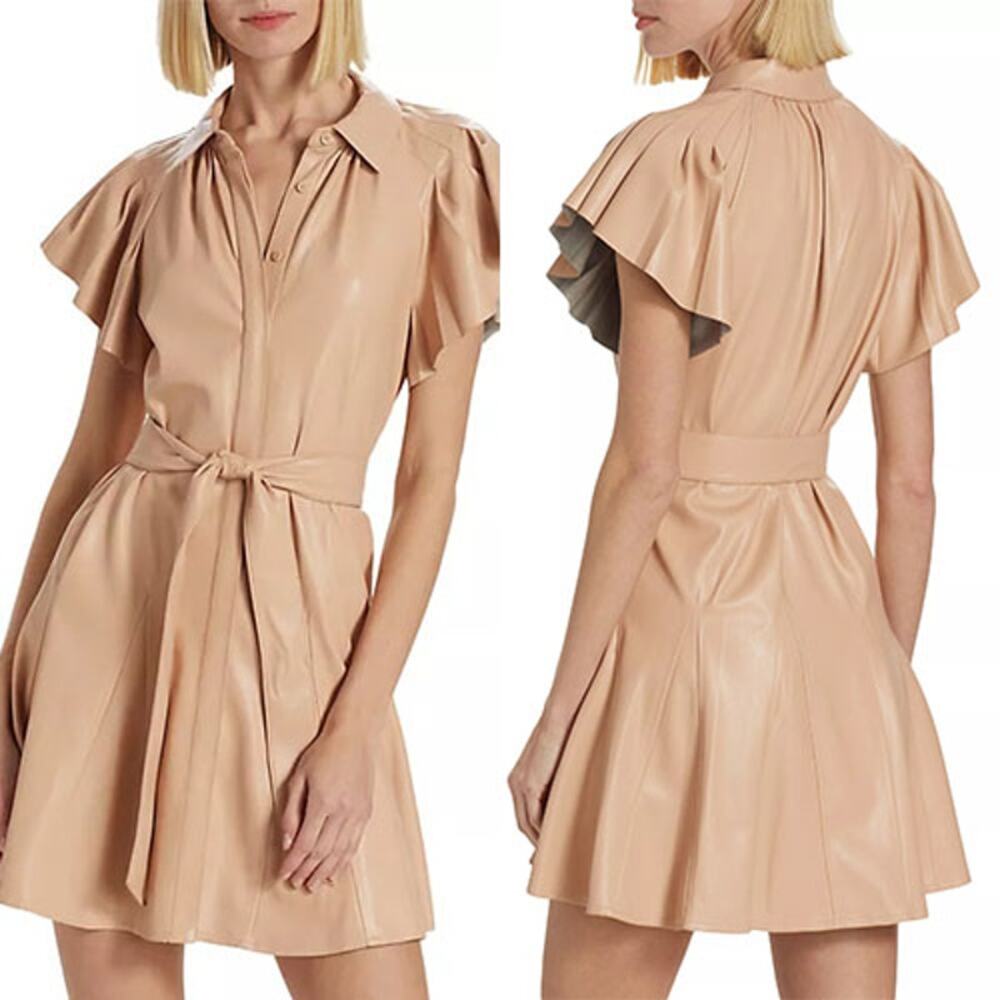 NWT Alice + Olivia McKell Belted Faux Leather Almond Short Sleeve Mini Dress